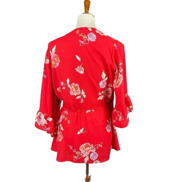 Pleione Coral Pink Wrap Blouse Floral Print Women Medium Ruffle Sleeve Flowy - Picture 12 of 13